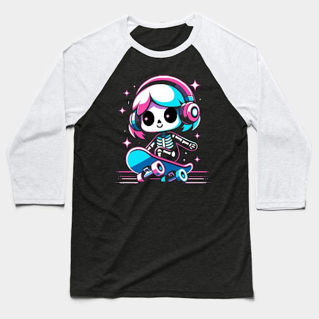 cute skeleton skater girl Baseball T-Shirt by Ed Labetski Art